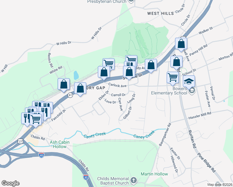 map of restaurants, bars, coffee shops, grocery stores, and more near 434 Carroll Drive in Harriman