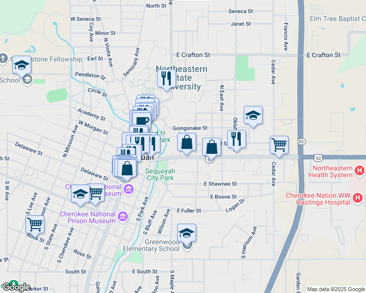 map of restaurants, bars, coffee shops, grocery stores, and more near 318 East Ward Street in Tahlequah