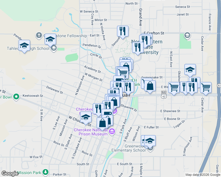map of restaurants, bars, coffee shops, grocery stores, and more near 341 North College Avenue in Tahlequah