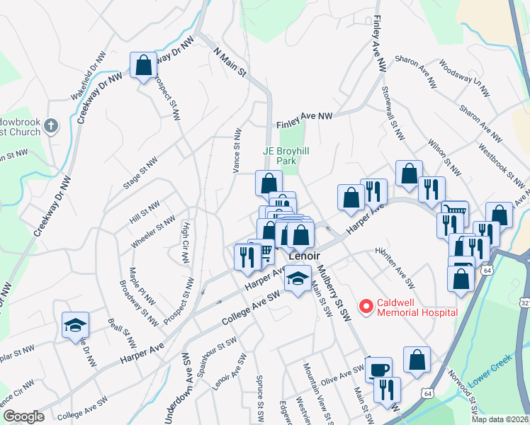map of restaurants, bars, coffee shops, grocery stores, and more near 318 Church Street Northwest in Lenoir