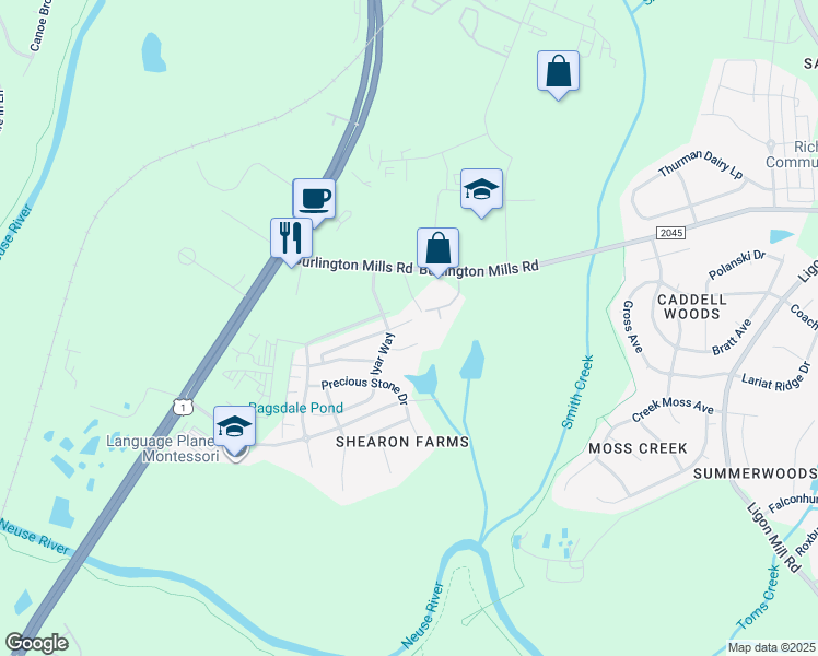 map of restaurants, bars, coffee shops, grocery stores, and more near 4516 Middletown Drive in Wake Forest