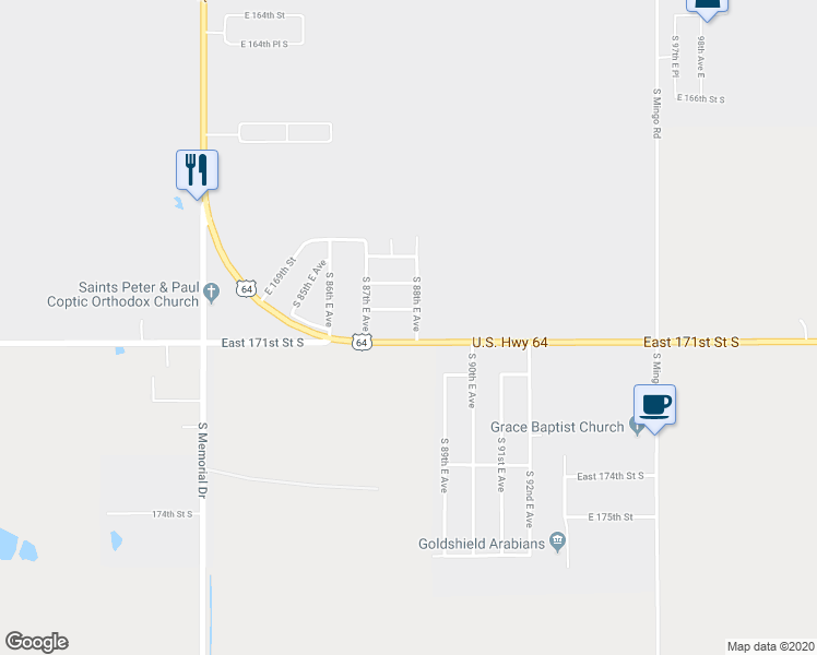 map of restaurants, bars, coffee shops, grocery stores, and more near 17042 South 88th East Avenue in Bixby