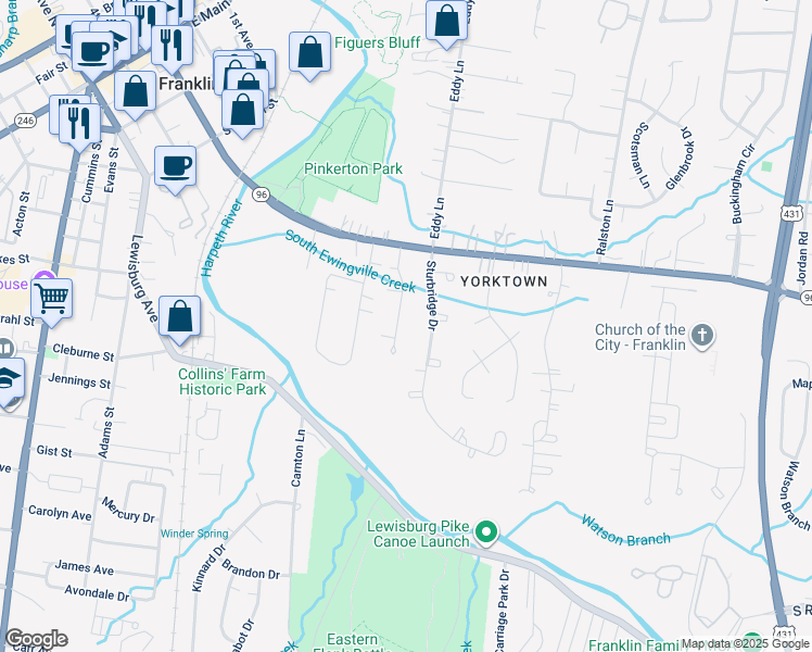 map of restaurants, bars, coffee shops, grocery stores, and more near 111 Blue Grass Drive in Franklin