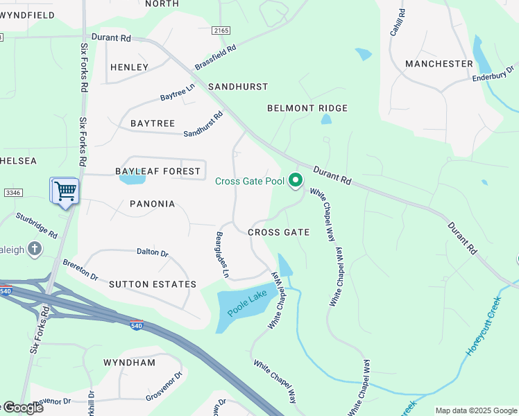map of restaurants, bars, coffee shops, grocery stores, and more near 4713 White Chapel Way in Raleigh