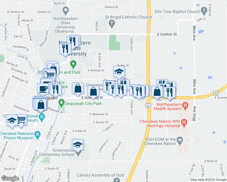 map of restaurants, bars, coffee shops, grocery stores, and more near 708 East Ward Street in Tahlequah