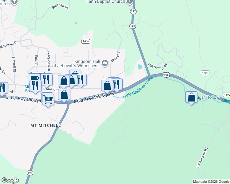 map of restaurants, bars, coffee shops, grocery stores, and more near 496 North Carolina 197 in Burnsville