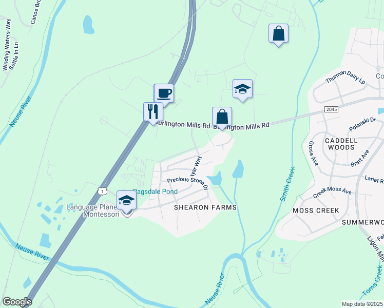 map of restaurants, bars, coffee shops, grocery stores, and more near 4493 Middletown Drive in Wake Forest