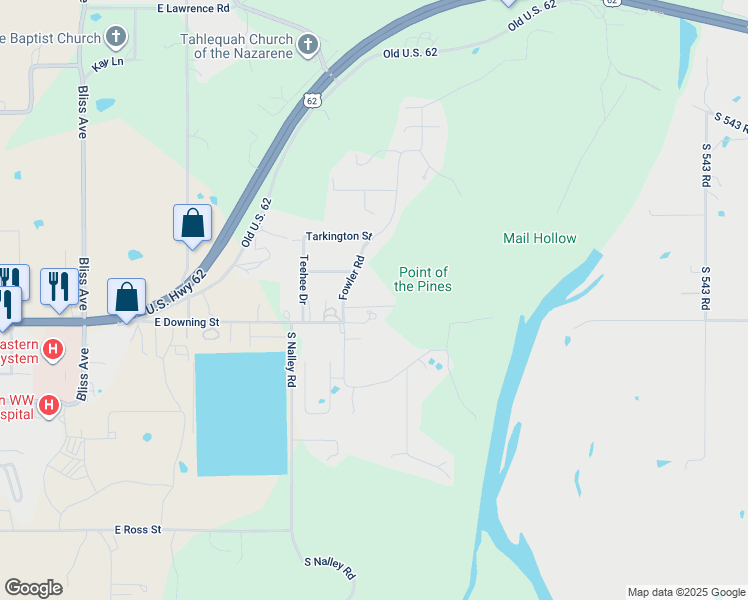 map of restaurants, bars, coffee shops, grocery stores, and more near 2103 Creek Drive in Tahlequah