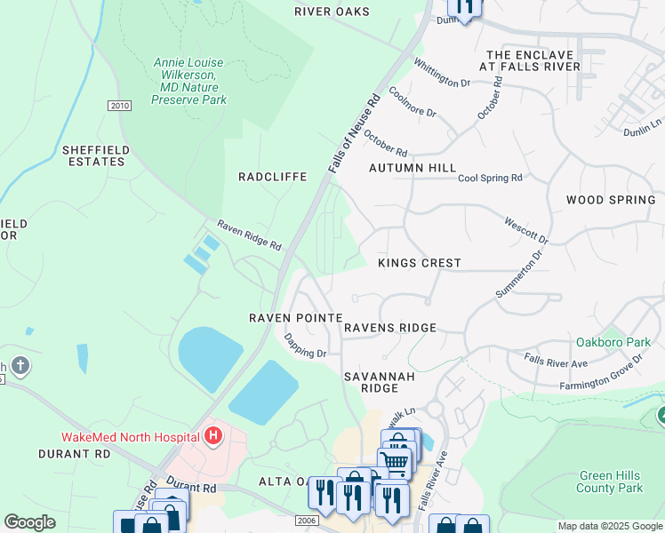 map of restaurants, bars, coffee shops, grocery stores, and more near 11258 Raven Ridge Road in Raleigh
