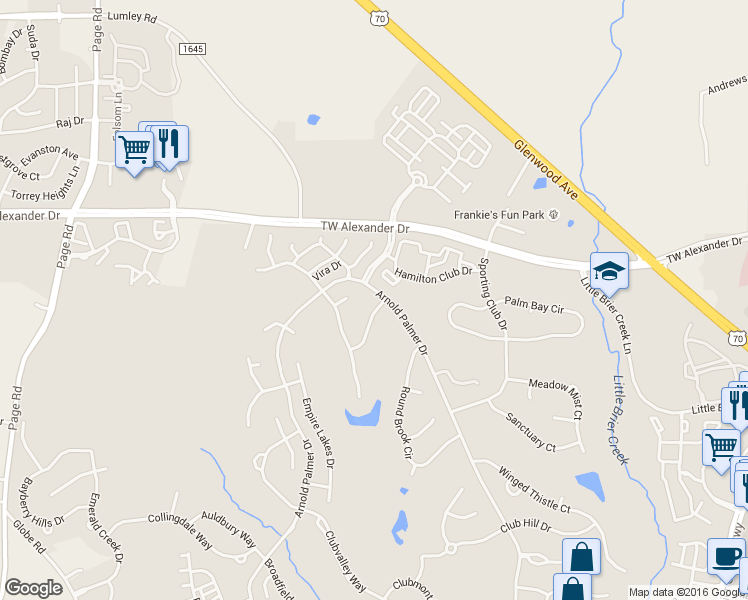 map of restaurants, bars, coffee shops, grocery stores, and more near 9404 Centerwood Drive in Raleigh