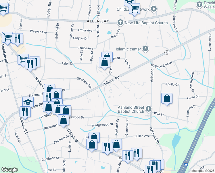 map of restaurants, bars, coffee shops, grocery stores, and more near 900 Brookwood Circle in Archdale