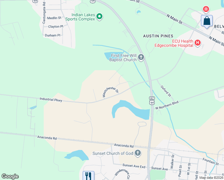map of restaurants, bars, coffee shops, grocery stores, and more near 3103 Westchester Drive in Tarboro