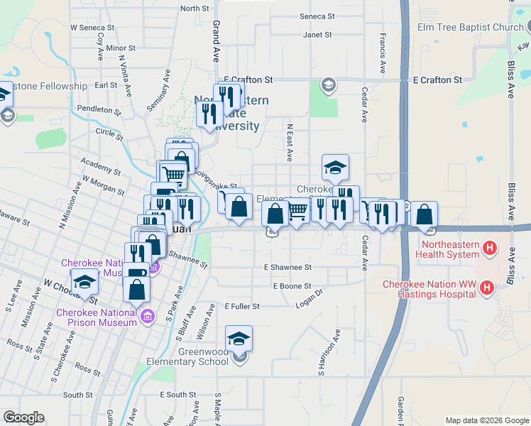 map of restaurants, bars, coffee shops, grocery stores, and more near 410 East Ward Street in Tahlequah