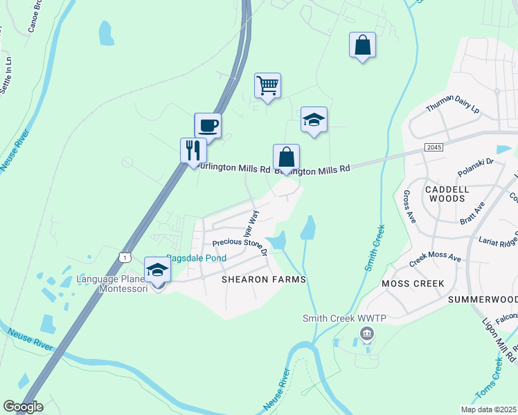 map of restaurants, bars, coffee shops, grocery stores, and more near 4465 Middletown Drive in Wake Forest