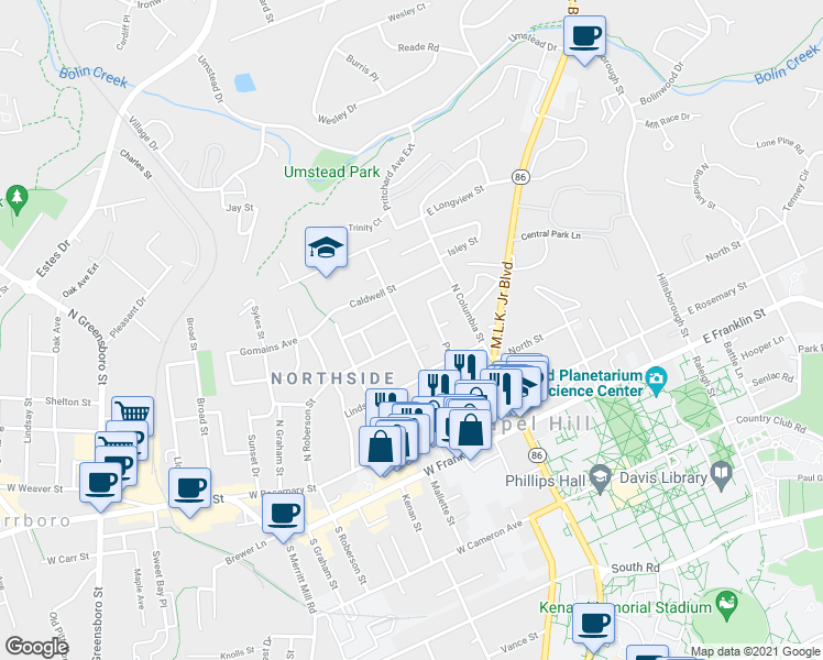 map of restaurants, bars, coffee shops, grocery stores, and more near 502 Church Street in Chapel Hill