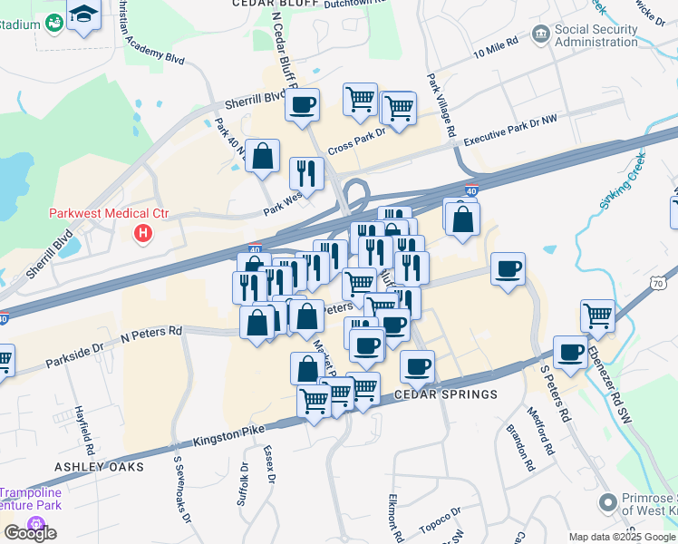 map of restaurants, bars, coffee shops, grocery stores, and more near 209 Advantage Place in Knoxville