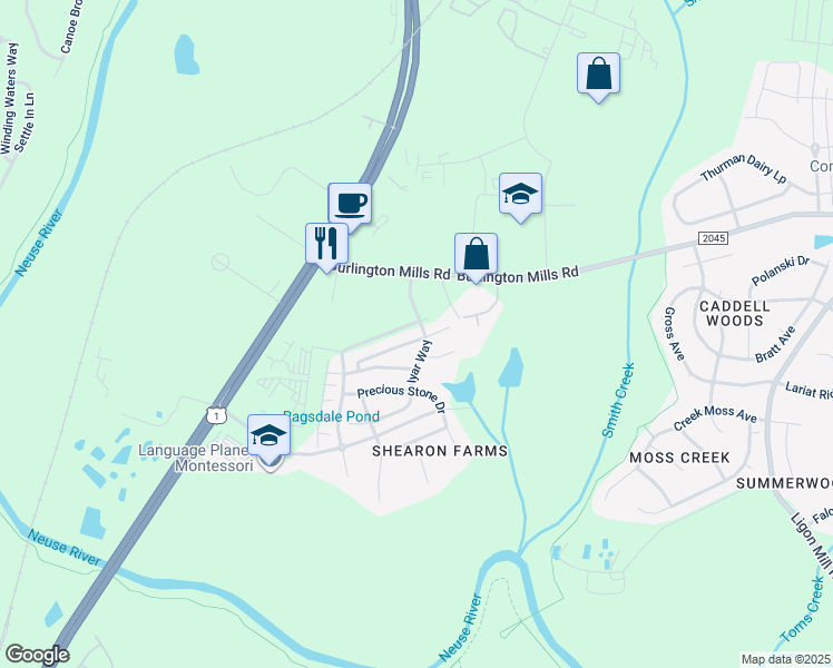 map of restaurants, bars, coffee shops, grocery stores, and more near 4497 Middletown Drive in Wake Forest