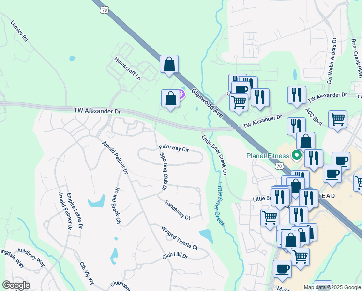 map of restaurants, bars, coffee shops, grocery stores, and more near 9244 Palm Bay Circle in Raleigh