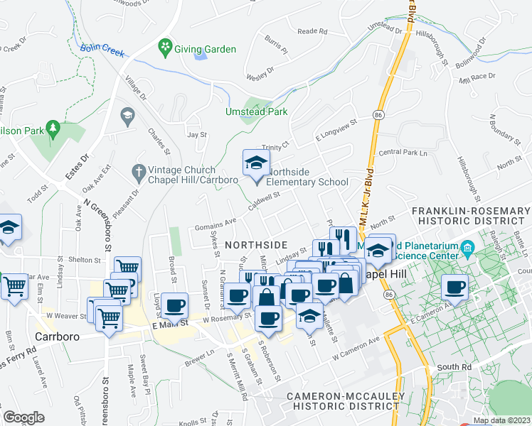 map of restaurants, bars, coffee shops, grocery stores, and more near 322 Brooks Street in Chapel Hill