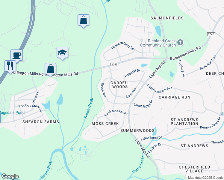 map of restaurants, bars, coffee shops, grocery stores, and more near 8329 Bratt Avenue in Wake Forest