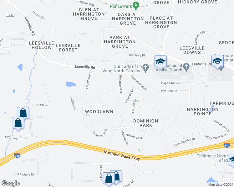 map of restaurants, bars, coffee shops, grocery stores, and more near 8505 Erinsbrook Drive in Raleigh