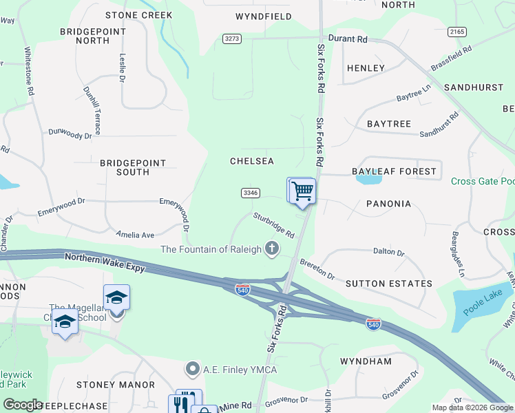 map of restaurants, bars, coffee shops, grocery stores, and more near 116 Sturbridge Road in Raleigh