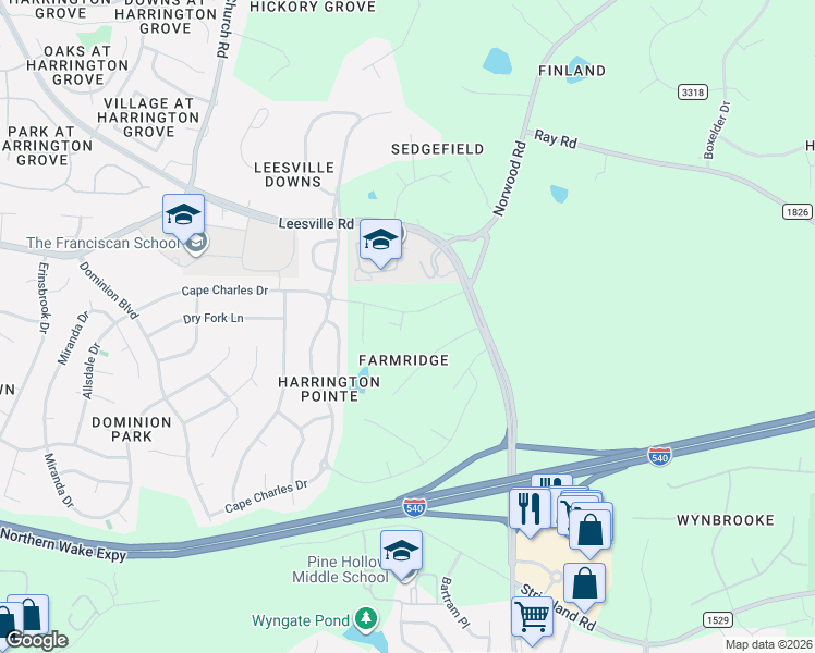 map of restaurants, bars, coffee shops, grocery stores, and more near 10804 Allen Court in Raleigh