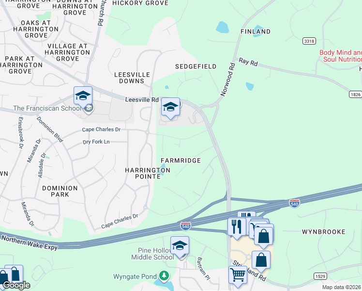 map of restaurants, bars, coffee shops, grocery stores, and more near 10804 Allen Court in Raleigh
