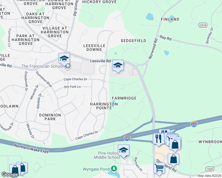 map of restaurants, bars, coffee shops, grocery stores, and more near 6042 McDevon Drive in Raleigh