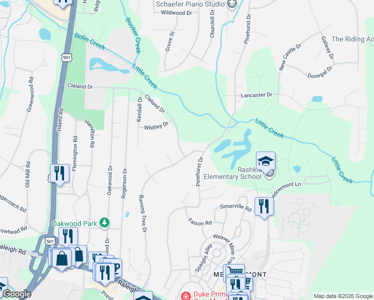 map of restaurants, bars, coffee shops, grocery stores, and more near 1022 Burning Tree Drive in Chapel Hill
