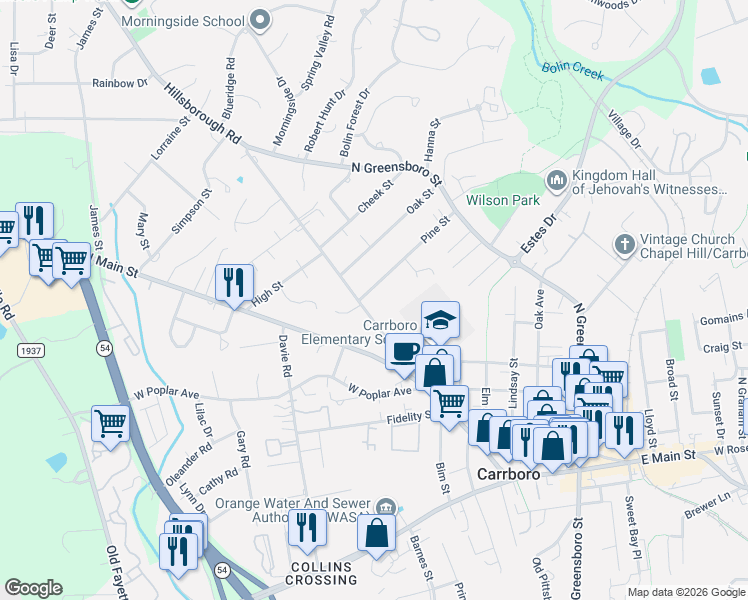 map of restaurants, bars, coffee shops, grocery stores, and more near in Carrboro