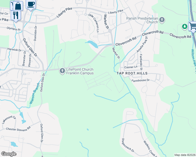 map of restaurants, bars, coffee shops, grocery stores, and more near 4099 Clovercroft Road in Franklin