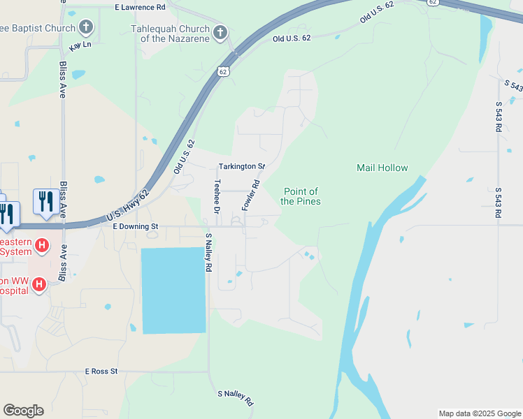 map of restaurants, bars, coffee shops, grocery stores, and more near 2103 Creek Drive in Tahlequah