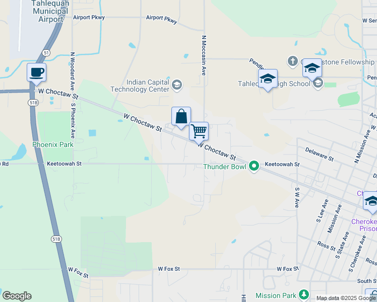 map of restaurants, bars, coffee shops, grocery stores, and more near 1219 West Choctaw Street in Tahlequah