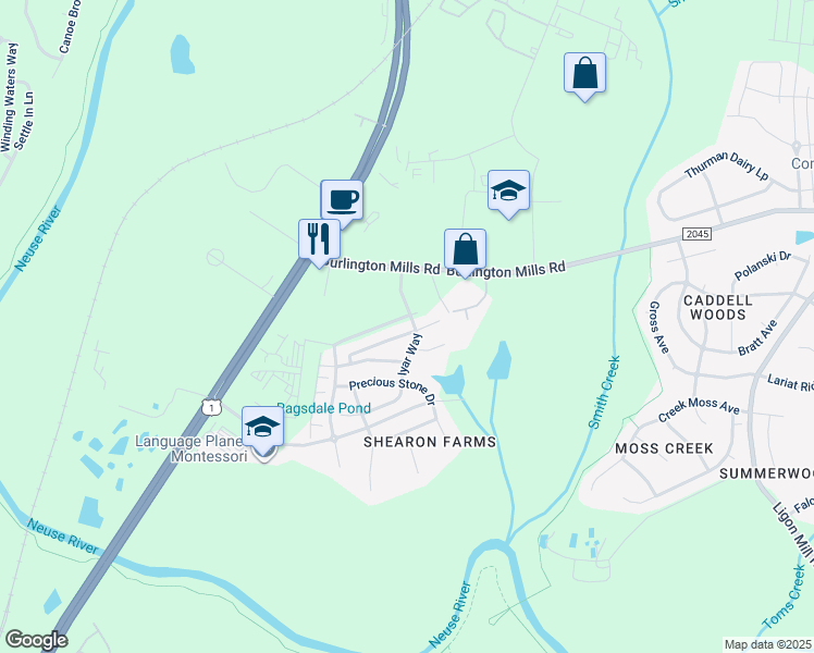 map of restaurants, bars, coffee shops, grocery stores, and more near 4497 Middletown Drive in Wake Forest