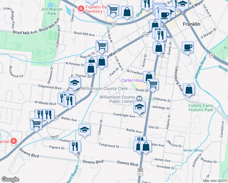 map of restaurants, bars, coffee shops, grocery stores, and more near 236 Strahl St in Franklin