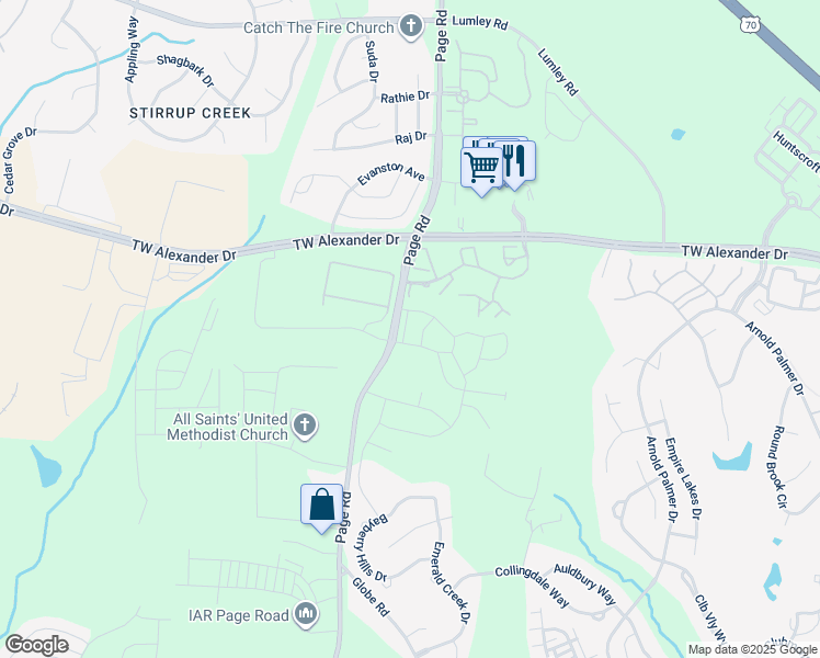 map of restaurants, bars, coffee shops, grocery stores, and more near Metro Park Drive in Cary