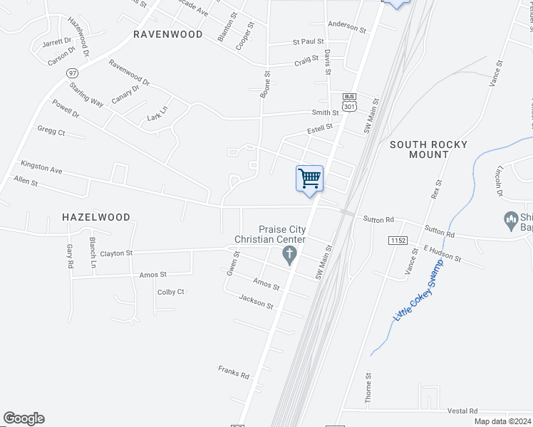 map of restaurants, bars, coffee shops, grocery stores, and more near 313 Kingston Avenue in Rocky Mount
