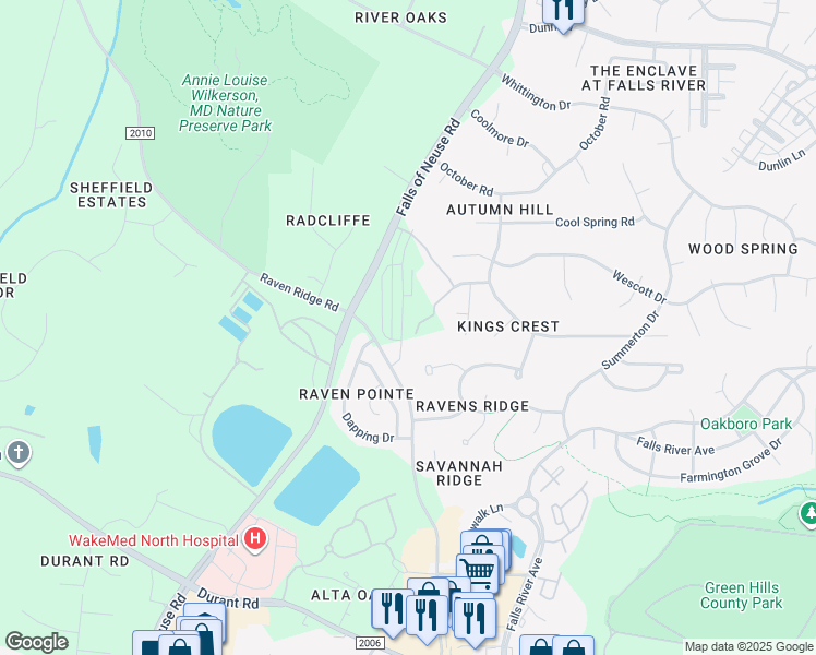 map of restaurants, bars, coffee shops, grocery stores, and more near 11258 Raven Ridge Road in Raleigh
