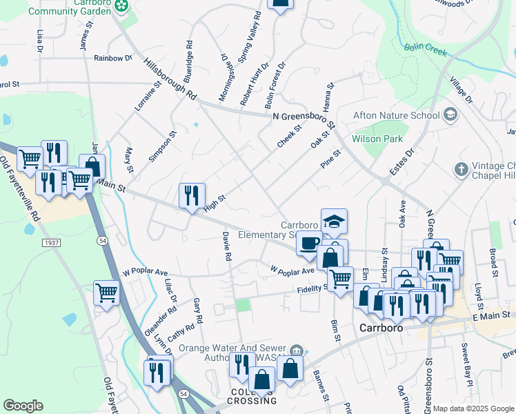 map of restaurants, bars, coffee shops, grocery stores, and more near 301 Hillsborough Road in Carrboro