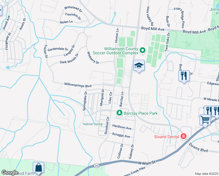 map of restaurants, bars, coffee shops, grocery stores, and more near 847 Lilac Circle in Franklin
