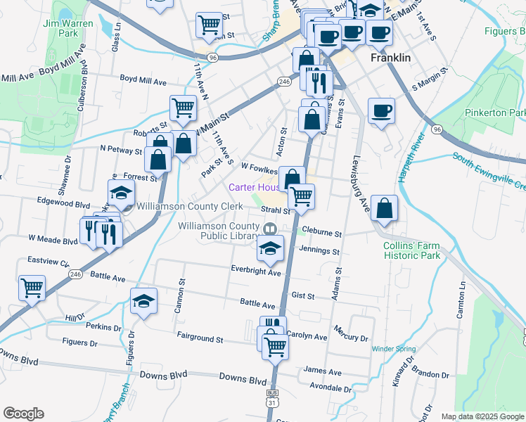 map of restaurants, bars, coffee shops, grocery stores, and more near 131 Strahl Street in Franklin