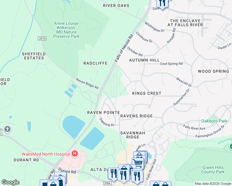 map of restaurants, bars, coffee shops, grocery stores, and more near 11258 Raven Ridge Road in Raleigh