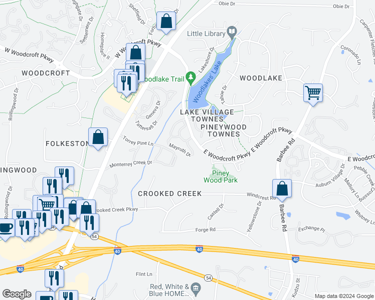 map of restaurants, bars, coffee shops, grocery stores, and more near 1500 Mayruth Drive in Durham