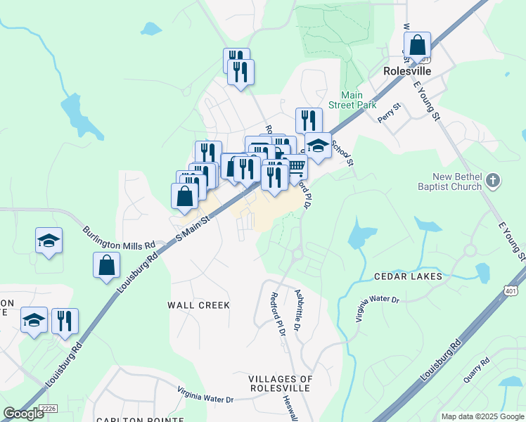map of restaurants, bars, coffee shops, grocery stores, and more near 411-H South Main Street in Rolesville