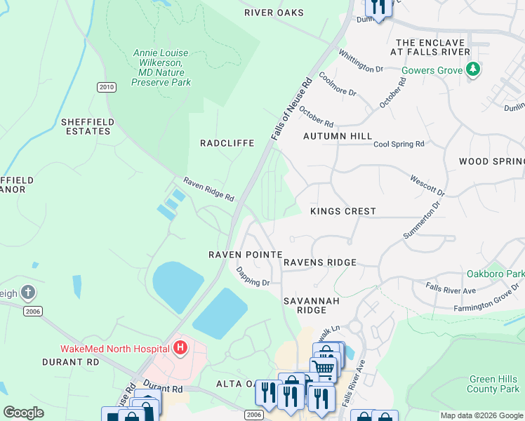 map of restaurants, bars, coffee shops, grocery stores, and more near 11258 Raven Ridge Road in Raleigh