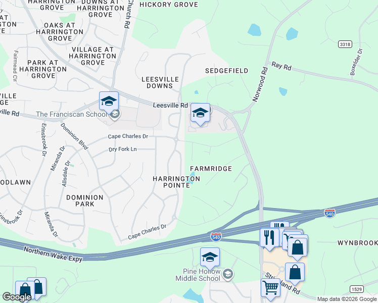 map of restaurants, bars, coffee shops, grocery stores, and more near 6042 McDevon Drive in Raleigh