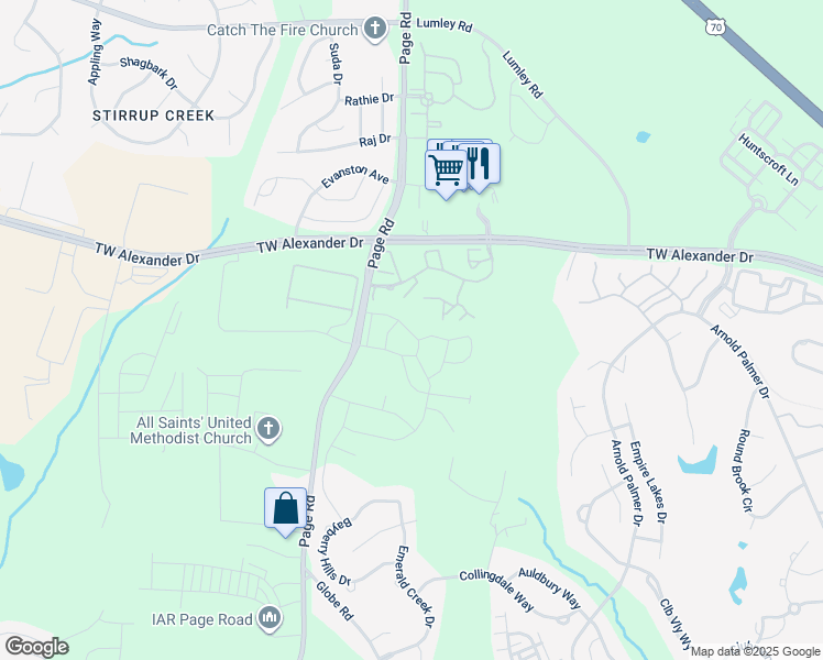 map of restaurants, bars, coffee shops, grocery stores, and more near 1215 Brightskies Street in Morrisville