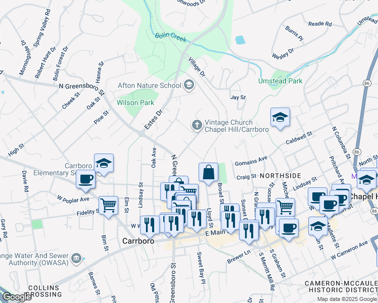 map of restaurants, bars, coffee shops, grocery stores, and more near 102 Mulberry Street in Carrboro