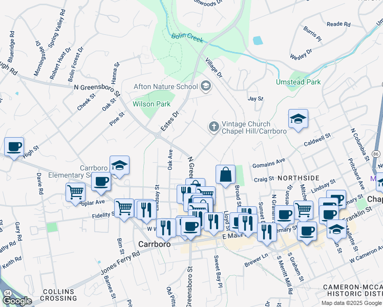 map of restaurants, bars, coffee shops, grocery stores, and more near 603 North Greensboro Street in Carrboro